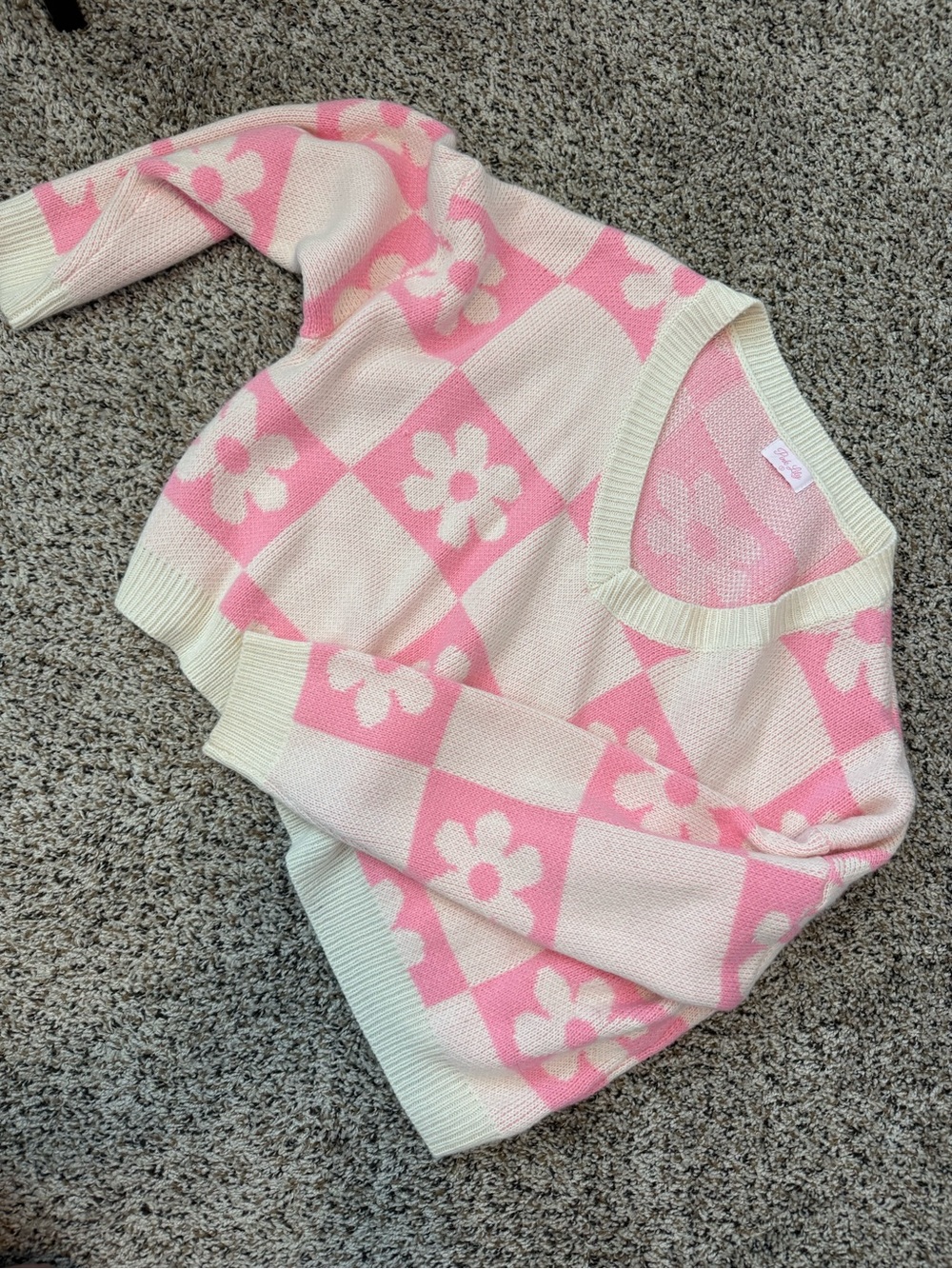 Pink Lily Pink & Cream Floral Check V-Neck Sweater